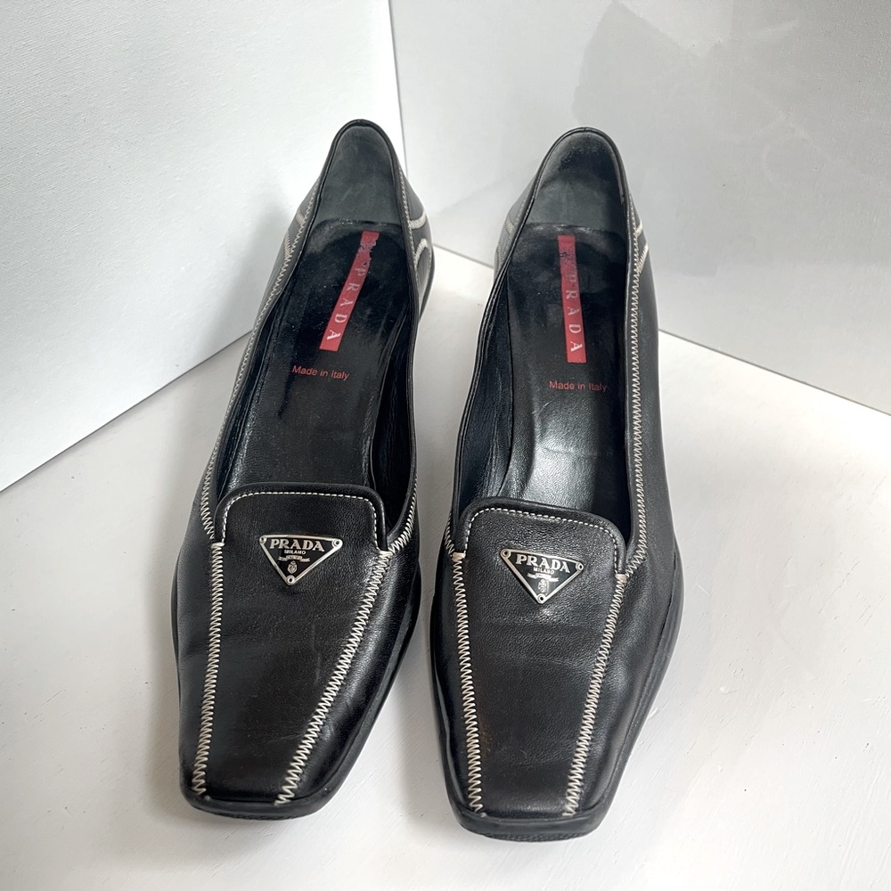 Prada Sport Black Leather Block Heel Pumps Size 40